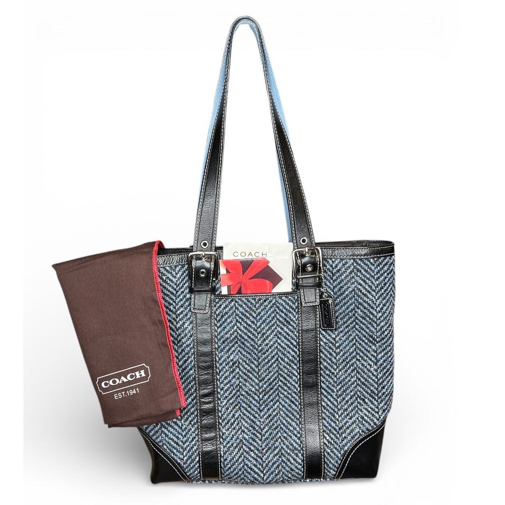 Coach Blue Herringbone Tote with Black Trim